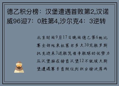 德乙积分榜：汉堡遭遇首败第2,汉诺威96迎7：0胜第4,沙尔克4：3逆转