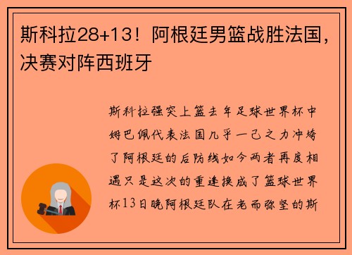 斯科拉28+13!阿根廷男篮战胜法国,决赛对阵西班牙