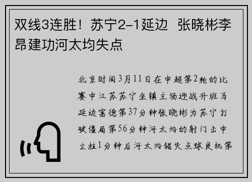 双线3连胜！苏宁2-1延边  张晓彬李昂建功河太均失点